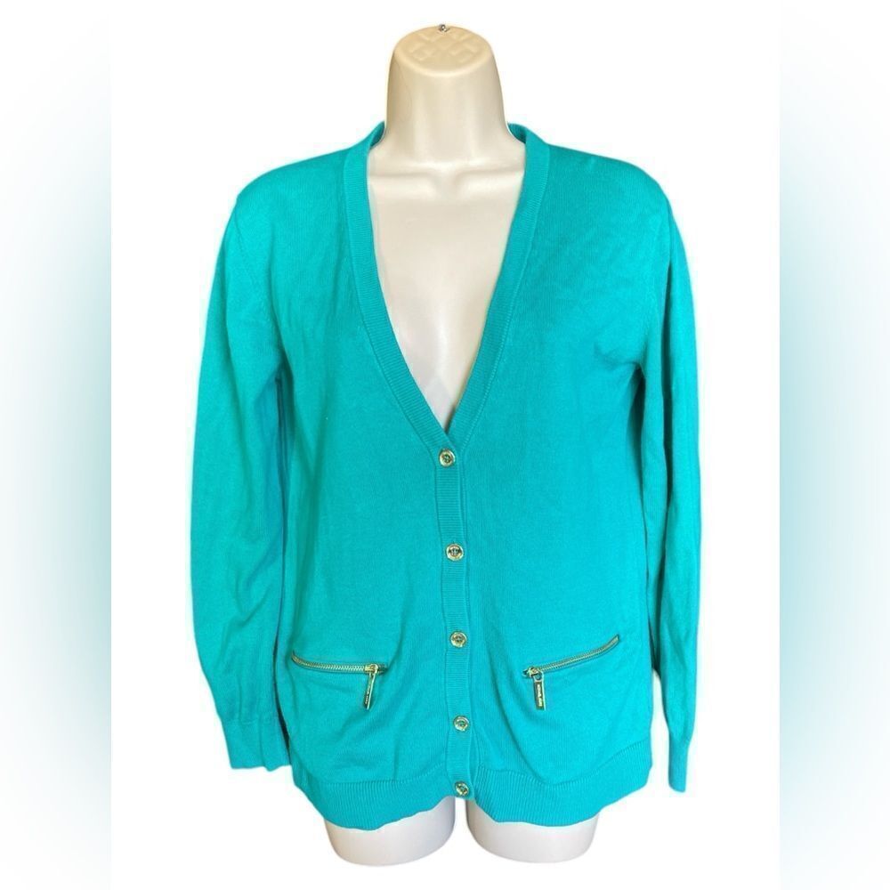 Michael Kors Vneck cardigan turquoise. Gold Hardware And Zipper Pockets knit M